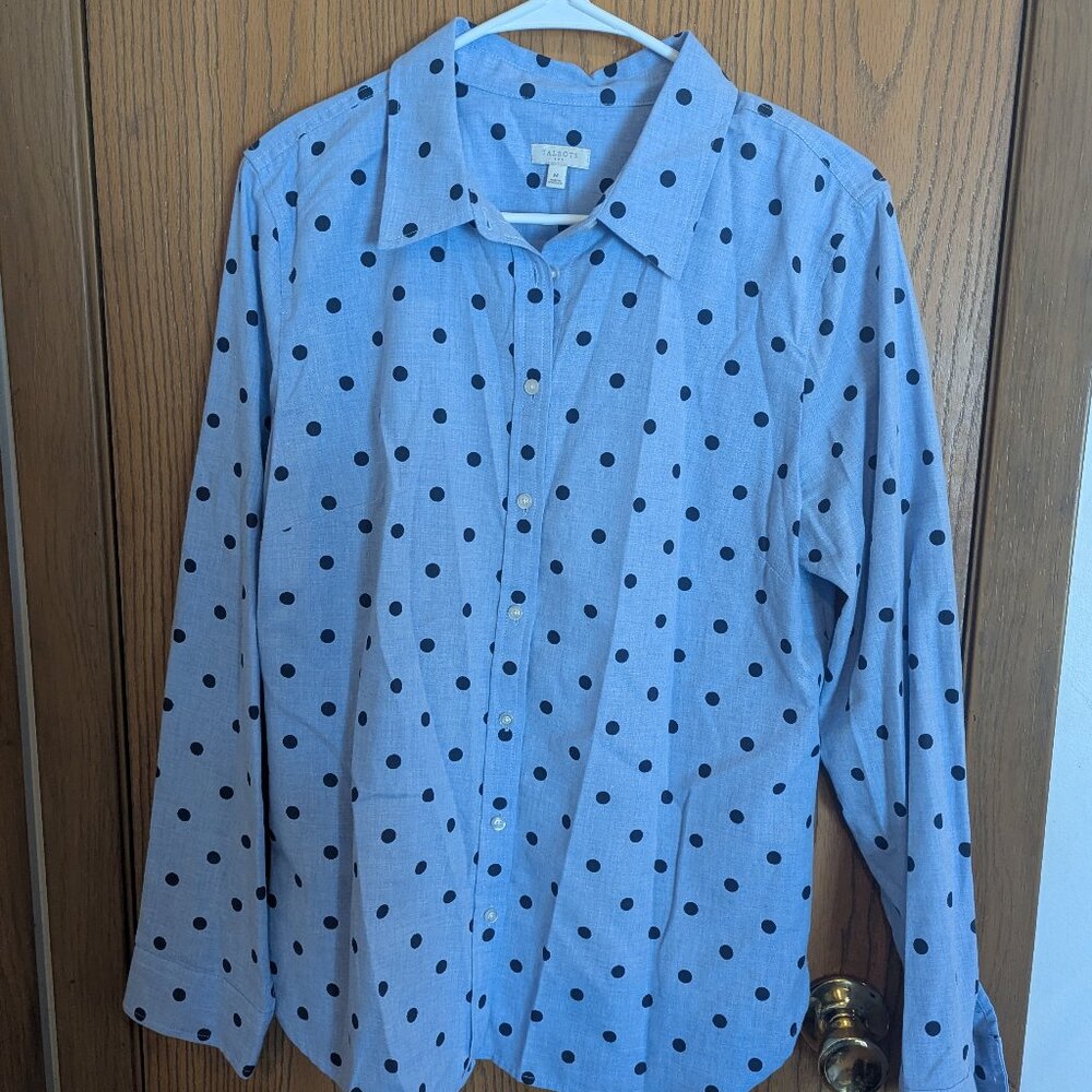 Talbots Classic Cotton Chambray Polka Dot Button Down Blouse Blue-Women's M